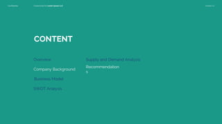 Confidential Customized for Lorem Ipsum LLC Version 1.0
CONTENT
Overview
Company Background
Business Model
SWOT Analysis
Supply and Demand Analysis
Recommendation
s
 