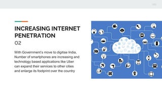 INCREASING INTERNET
PENETRATION
02
With Government’s move to digitise India,
Number of smartphones are increasing and
technology based applications like Uber
can expand their services to other cities
and enlarge its footprint over the country
 