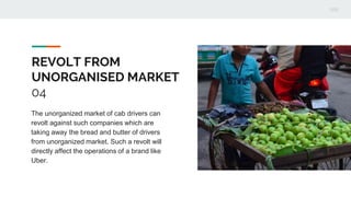 REVOLT FROM
UNORGANISED MARKET
04
The unorganized market of cab drivers can
revolt against such companies which are
taking away the bread and butter of drivers
from unorganized market. Such a revolt will
directly affect the operations of a brand like
Uber.
 