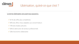 Ubérisation, qu’est-ce que c’est ?
Le terme Ubérisation est avant tout associé à :
 83 % des offres plus compétitives
 80% des offres mieux adaptées aux consommateurs
 70% des emplois précaires
 66% la destruction de secteurs professionnels
 58% l’économie collaborative
 