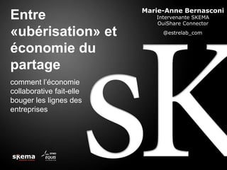 Entre
«ubérisation» et
économie du
partage
comment l’économie
collaborative fait-elle
bouger les lignes des
entreprises
Marie-Anne Bernasconi
Intervenante SKEMA
OuiShare Connector
@estrelab_com
 