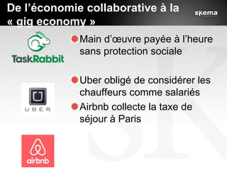 De l’économie collaborative à la
« gig economy »
Main d’œuvre payée à l’heure
sans protection sociale
Uber obligé de consi...