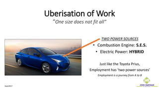 Uberisation of Work
“One size does not fit all”
TWO POWER SOURCES
• Combustion Engine: S.E.S.
• Electric Power: HYBRID
Just like the Toyota Prius,
Employment has ‘two power sources’
Employment is a journey from A to B
Sept2017
 
