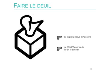 65
FAIRE LE DEUIL
de la prospective exhaustive
de l’État Weberien tel
qu’on le connait
 