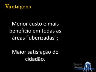 Menor custo e mais
benefício em todas as
áreas “uberizadas”;
Maior satisfação do
cidadão.
Vantagens
 