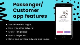 Passenger/
Customer
app features
Social media login
Live tracking drivers
Multi-language
Multi-payment
Rate and review drivers and more
 