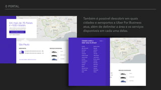 O PORTAL
Também é possível descobrir em quais
cidades e aeroportos a Uber For Business
atua, além de delimitar a área e os serviços
disponíveis em cada uma delas.
 