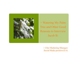 + Watering My Palm
Tree and Other Good
Reasons to Interview
Jacob B.
+ Uber Marketing Manager-
Social Media position (LA)
 