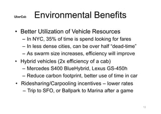 Environmental Benefits
12
• Better Utilization of Vehicle Resources
– In NYC, 35% of time is spend looking for fares
– In less dense cities, can be over half “dead-time”
– As swarm size increases, efficiency will improve
• Hybrid vehicles (2x efficiency of a cab)
– Mercedes S400 BlueHybrid, Lexus GS-450h
– Reduce carbon footprint, better use of time in car
• Ridesharing/Carpooling incentives – lower rates
– Trip to SFO, or Ballpark to Marina after a game
 