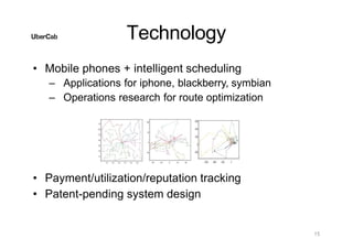 Technology
• Mobile phones + intelligent scheduling
– Applications for iphone, blackberry, symbian
– Operations research for route optimization
• Payment/utilization/reputation tracking
• Patent-pending system design
15
 