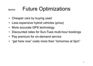 Future Optimizations
• Cheaper cars by buying used
• Less expensive hybrid vehicles (prius)
• More accurate GPS technology
• Discounted rates for Sun-Tues multi-hour bookings
• Pay premium for on-demand service
• “get here now” costs more than “tomorrow at 5pm”
22
 