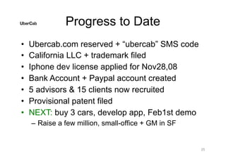 Progress to Date
• Ubercab.com reserved + “ubercab” SMS code
• California LLC + trademark filed
• Iphone dev license applied for Nov28,08
• Bank Account + Paypal account created
• 5 advisors & 15 clients now recruited
• Provisional patent filed
• NEXT: buy 3 cars, develop app, Feb1st demo
– Raise a few million, small-office + GM in SF
25
 