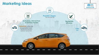 20
Marketing Ideas
YellowCab is the only
recognizable brand
– Become the ubiquitous
“premium” cab service
Invite Only, referred from
an existing member
Possible slogan:
The One-click cab
The NetJets
of Limos
Cabs
2.0
MAKEOVER
 