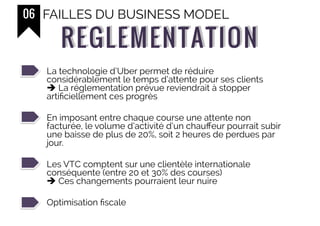 REGLEMENTATIONREGLEMENTATION
06 FAILLES DU BUSINESS MODEL
La technologie d’Uber permet de réduire
considérablement le temps d’attente pour ses clients
! La réglementation prévue reviendrait à stopper
artificiellement ces progrès
En imposant entre chaque course une attente non
facturée, le volume d’activité d’un chauffeur pourrait subir
une baisse de plus de 20%, soit 2 heures de perdues par
jour.
Les VTC comptent sur une clientèle internationale
conséquente (entre 20 et 30% des courses)
! Ces changements pourraient leur nuire
Optimisation fiscale
 