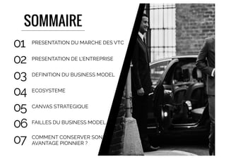 SOMMAIRE
PRESENTATION DU MARCHE DES VTC
01
PRESENTATION DE L’ENTREPRISE
02
DEFINITION DU BUSINESS MODEL
03
ECOSYSTEME
04
CANVAS STRATEGIQUE
05
FAILLES DU BUSINESS MODEL
06
COMMENT CONSERVER SON
AVANTAGE PIONNIER ?07
 