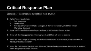 Critical Response Plan
Scenario 1 – Inappropriate Tweet Sent from @UBER
1. When Tweet is detected:
• Take screenshot
• Delete Tweet
• Alert Dave Glunt (Social Media Manager). If Dave is unavailable, alert Chris Timson
(Marketing Director)
2. Dave and Chris will discuss the impact and reach, and evaluate further action
3. Dave will develop appropriate follow up tweet, and Chris will have to approve
4. Chris will be in charge of handling any and all direct contact. If unavailable, Dave is allowed to
take over this responsibility
5. After the Chris deems the crisis over, Chris and Dave will talk to employee responsible in order to
see if disciplinary action is required.
 