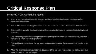 Critical Response Plan
Scenario 2 – Car Accident, No Injuries
1. Driver to alert both Chris (Marketing Director) and Dave (Social Media Manager) immediately after
everyone is deemed safe
2. Chris and Dave are to meet together and evaluate the number of social media mentions of the situation
3. Chris is solely responsible for direct contact with any negative backlash. He is required to delicately handle
responses
4. Chris is then responsible for handling the situation on the platform where the story broke first, and then
work over to other social media platforms
5. Chris and Dave are to evaluate the first round of responses and decide if any more action is needed to be
taken
6. After the situation is considered over, Dave and Chris are both responsible for making sure the
situation does not escalate again
 