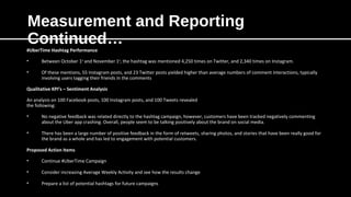Measurement and Reporting
Continued…
#UberTime Hashtag Performance
• Between October 1st
and November 1st
, the hashtag was mentioned 4,250 times on Twitter, and 2,340 times on Instagram.
• Of these mentions, 55 Instagram posts, and 23 Twitter posts yielded higher than average numbers of comment interactions, typically
involving users tagging their friends in the comments
Qualitative KPI’s – Sentiment Analysis
An analysis on 100 Facebook posts, 100 Instagram posts, and 100 Tweets revealed
the following:
• No negative feedback was related directly to the hashtag campaign, however, customers have been tracked negatively commenting
about the Uber app crashing. Overall, people seem to be talking positively about the brand on social media.
• There has been a large number of positive feedback in the form of retweets, sharing photos, and stories that have been really good for
the brand as a whole and has led to engagement with potential customers.
Proposed Action Items
• Continue #UberTime Campaign
• Consider increasing Average Weekly Activity and see how the results change
• Prepare a list of potential hashtags for future campaigns
 