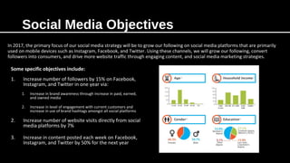Social Media Objectives
In 2017, the primary focus of our social media strategy will be to grow our following on social media platforms that are primarily
used on mobile devices such as Instagram, Facebook, and Twitter. Using these channels, we will grow our following, convert
followers into consumers, and drive more website traffic through engaging content, and social media marketing strategies.
Some specific objectives include:
1. Increase number of followers by 15% on Facebook,
Instagram, and Twitter in one year via:
1. Increase in brand awareness through increase in paid, earned,
and owned media
2. Increase in level of engagement with current customers and
increase in use of brand hashtags amongst all social platforms
2. Increase number of website visits directly from social
media platforms by 7%
3. Increase in content posted each week on Facebook,
Instagram, and Twitter by 50% for the next year
 