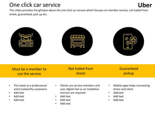 One click car service
This slides provides the glimpse about the one click car service which focuses on member service, not hailed from
street, guaranteed, pick up etc.
Must be a member to
use the service
Not hailed from
street
Guaranteed
pickup
• This leads to a professional
and trustworthy customers
• Add text
• Add text
• Add text
• Clients are service members and
uses digital hail so on medallion
licenses are required
• Add text
• Add text
• Add text
• Mobile apps helps connecting
driver and client
• Add text
• Add text
• Add text
Uber
 