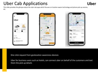 Uber Cab Applications
This slide provides the glimpse about the uber cab apps which focuses on location aware technology and phone pick up sevices.
etc
One click request from geolocation awareness devices
Uber for business users such as hotels, can connect uber on behalf of the customers and text
them the pick up details
Uber
 