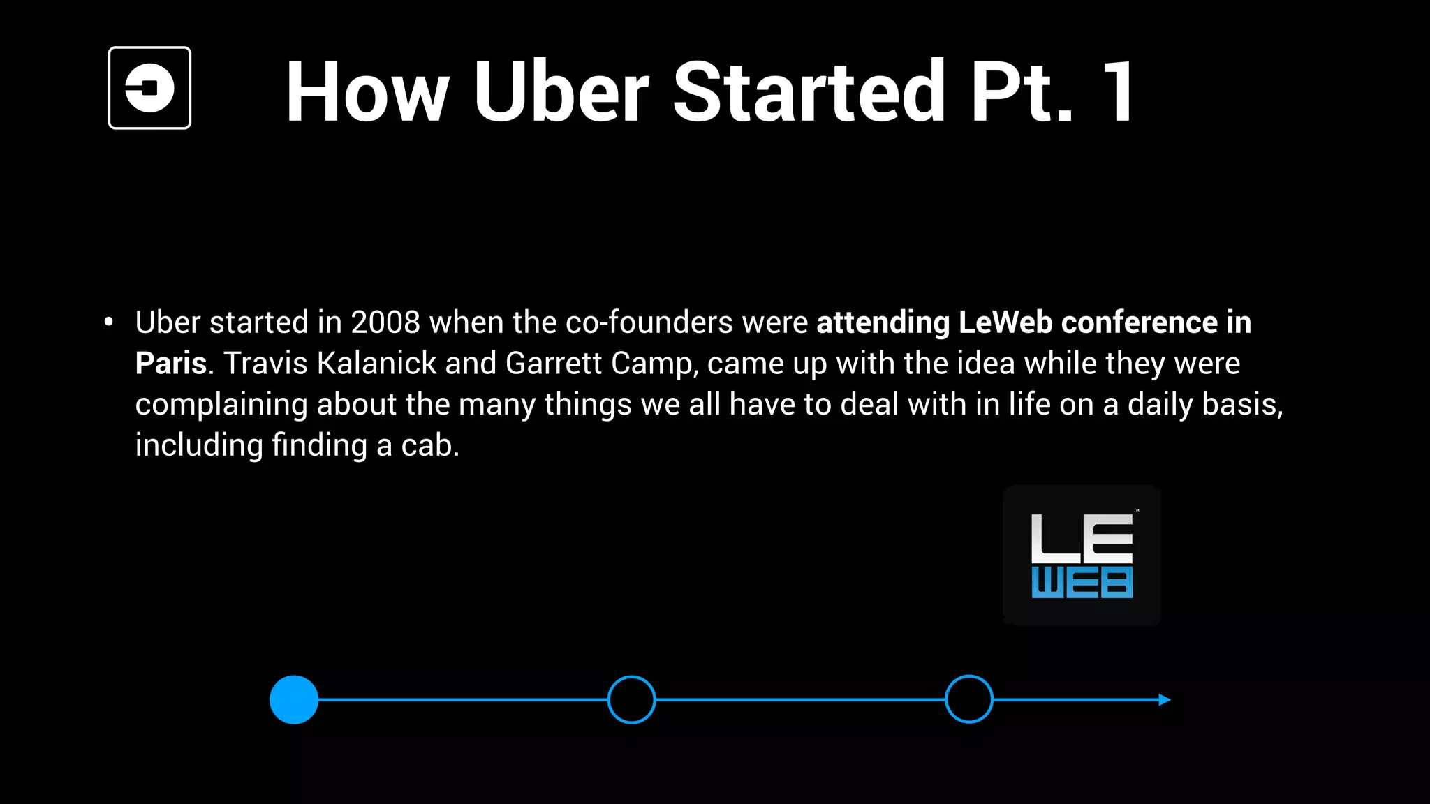 • Uber started in 2008 when the co-founders were attending LeWeb conference in
Paris. Travis Kalanick and Garrett Camp, came up with the idea while they were
complaining about the many things we all have to deal with in life on a daily basis,
including ﬁnding a cab.
How Uber Started Pt. 1
 