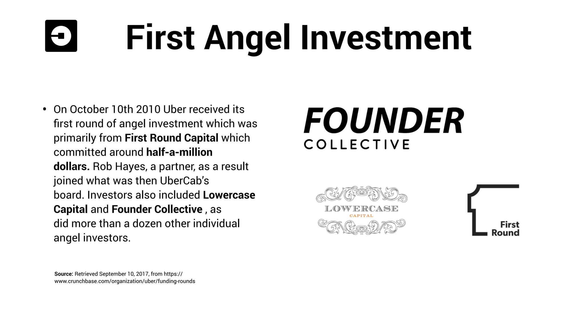 First Angel Investment
• On October 10th 2010 Uber received its
ﬁrst round of angel investment which was
primarily from First Round Capital which
committed around half-a-million
dollars. Rob Hayes, a partner, as a result
joined what was then UberCab’s
board. Investors also included Lowercase
Capital and Founder Collective , as
did more than a dozen other individual
angel investors.
Source: Retrieved September 10, 2017, from https://
www.crunchbase.com/organization/uber/funding-rounds
 