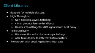 Client Libraries
● Support for multiple clusters.
● High Throughput
○ Non-blocking, async, batching
○ <1ms produce latency for clients
○ Handles Throttling/BackOff signals from Rest Proxy
● Topic Discovery
○ Discovers the kafka cluster a topic belongs
○ Able to multiplex to different kafka clusters
● Integration with Local Agent for critical data
 