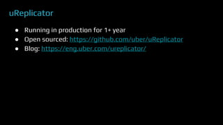 uReplicator
● Running in production for 1+ year
● Open sourced: https://github.com/uber/uReplicator
● Blog: https://eng.uber.com/ureplicator/
 