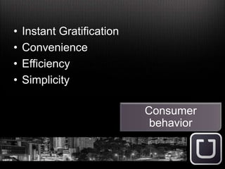• Instant Gratification
• Convenience
• Efficiency
• Simplicity
Consumer
behavior
 