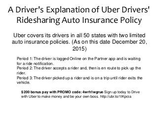 A Driver's Explanation of Uber Drivers'
Ridesharing Auto Insurance Policy
Uber covers its drivers in all 50 states with two limited
auto insurance policies. (As on this date December 20,
2015)
l Period 1: The driver is logged Online on the Partner app and is waiting
for a ride notification.
l Period 2: The driver accepts a rider and, then is en route to pick up the
rider.
l Period 3: The driver picked up a rider and is on a trip until rider exits the
vehicle.
$200 bonus pay with PROMO code: 4wrh1wgrue Sign up today to Drive
with Uber to make money and be your own boss. http://ubr.to/1IKprza
 