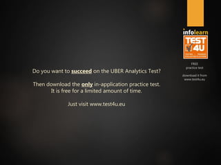 FREE
practice test
download it from
www.test4u.eu
Essay Questions
(samples)
15. There are plenty of complains from riders, during
Christmas, that there are not enough drivers
available.
Write an email to all the drivers in your territory,
to motivate them to be online during Christmas.
16. UberPOOL has just launched on you territory.
People are skeptical of sharing a car with a
stranger.
What would you do to persuade more people to
use the service?
 