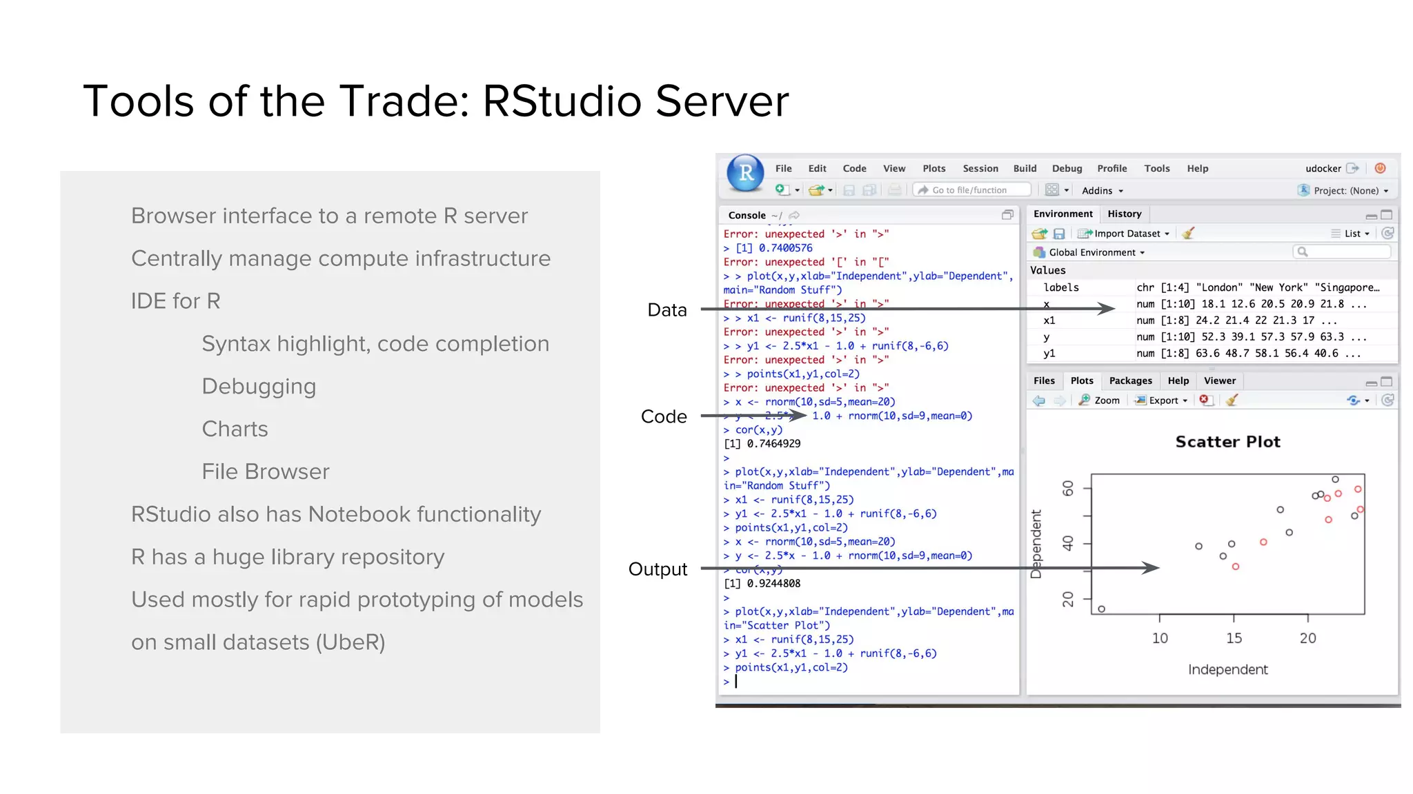 Tools of the Trade: RStudio Server
Browser interface to a remote R server
Centrally manage compute infrastructure
IDE for R
Syntax highlight, code completion
Debugging
Charts
File Browser
RStudio also has Notebook functionality
R has a huge library repository
Used mostly for rapid prototyping of models
on small datasets (UbeR)
Data
Code
Output
 