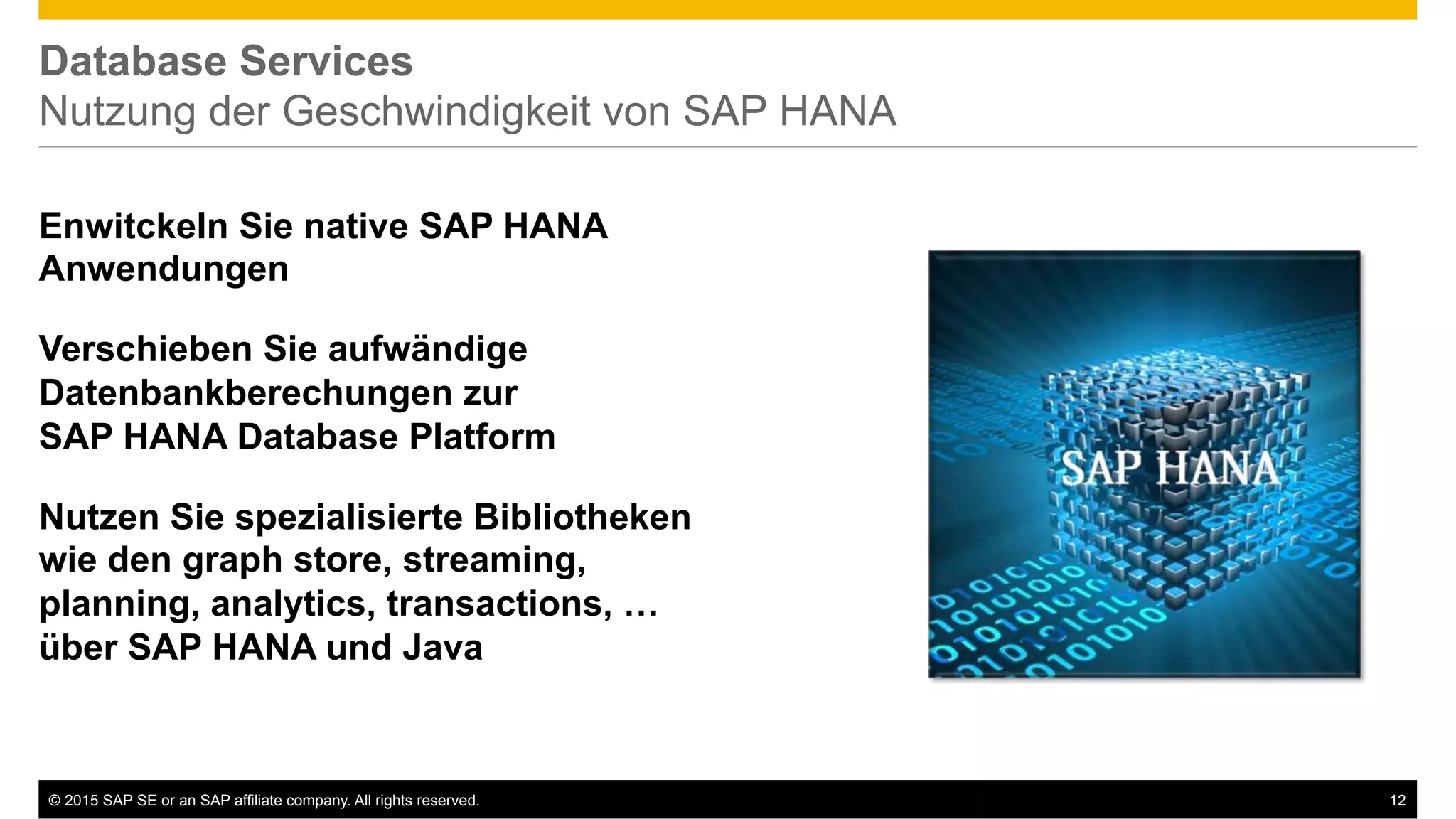 ©  2015 SAP SE or an SAP affiliate company. All rights reserved. 12
Database Services
Nutzung der Geschwindigkeit von SAP HANA
Enwitckeln Sie native SAP HANA
Anwendungen
Verschieben Sie aufwändige
Datenbankberechungen zur
SAP HANA Database Platform
Nutzen Sie spezialisierte Bibliotheken
wie den graph store, streaming,
planning, analytics, transactions, …
über SAP HANA und Java
 