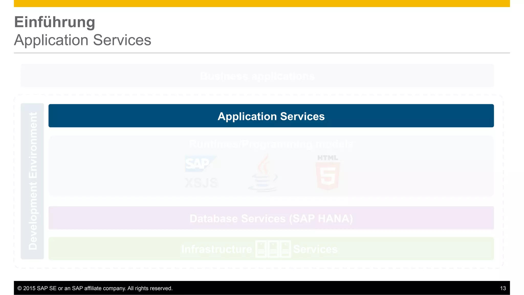 ©  2015 SAP SE or an SAP affiliate company. All rights reserved. 13
Einführung
Application Services
Application Services
Runtimes/Programming models
Database Services (SAP HANA)
XSJS
Business applications
DevelopmentEnvironment
Infrastructure Services
 
