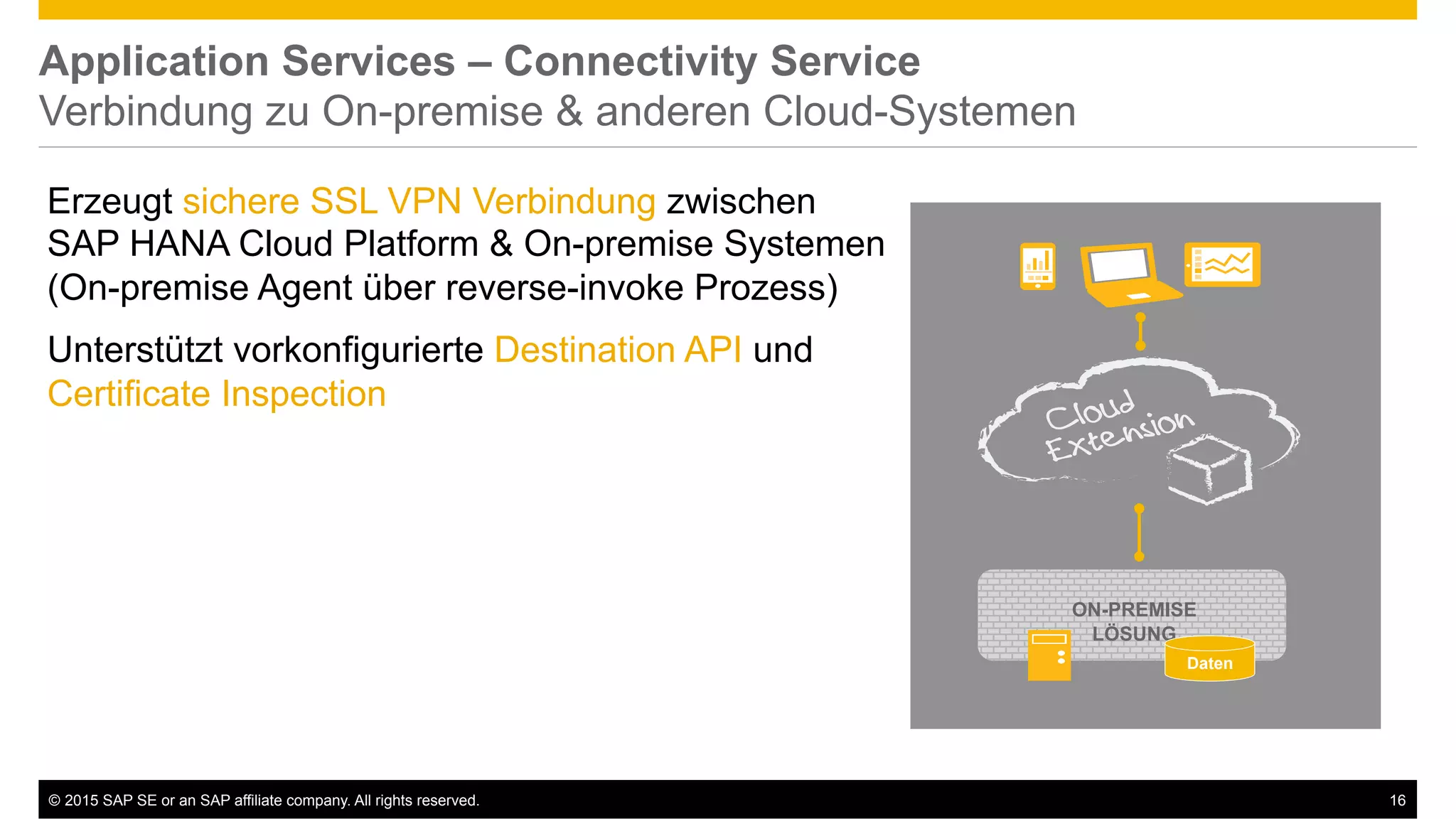©  2015 SAP SE or an SAP affiliate company. All rights reserved. 16
Application Services – Connectivity Service
Verbindung zu On-premise & anderen Cloud-Systemen
Erzeugt sichere SSL VPN Verbindung zwischen
SAP HANA Cloud Platform & On-premise Systemen
(On-premise Agent über reverse-invoke Prozess)
Unterstützt vorkonfigurierte Destination API und
Certificate Inspection
ON-PREMISE
LÖSUNG
Daten
 
