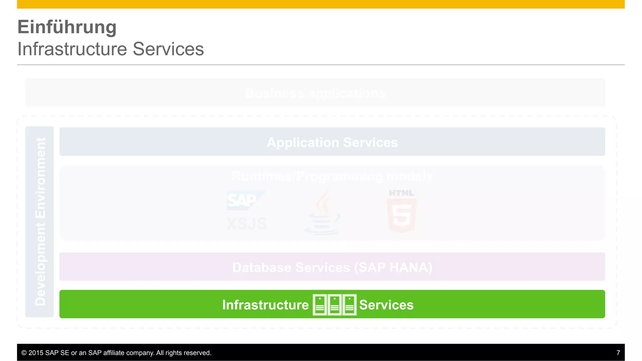 ©  2015 SAP SE or an SAP affiliate company. All rights reserved. 7
Einführung
Infrastructure Services
Application Services
Runtimes/Programming models
Database Services (SAP HANA)
XSJS
Business applications
DevelopmentEnvironment
Infrastructure Services
 