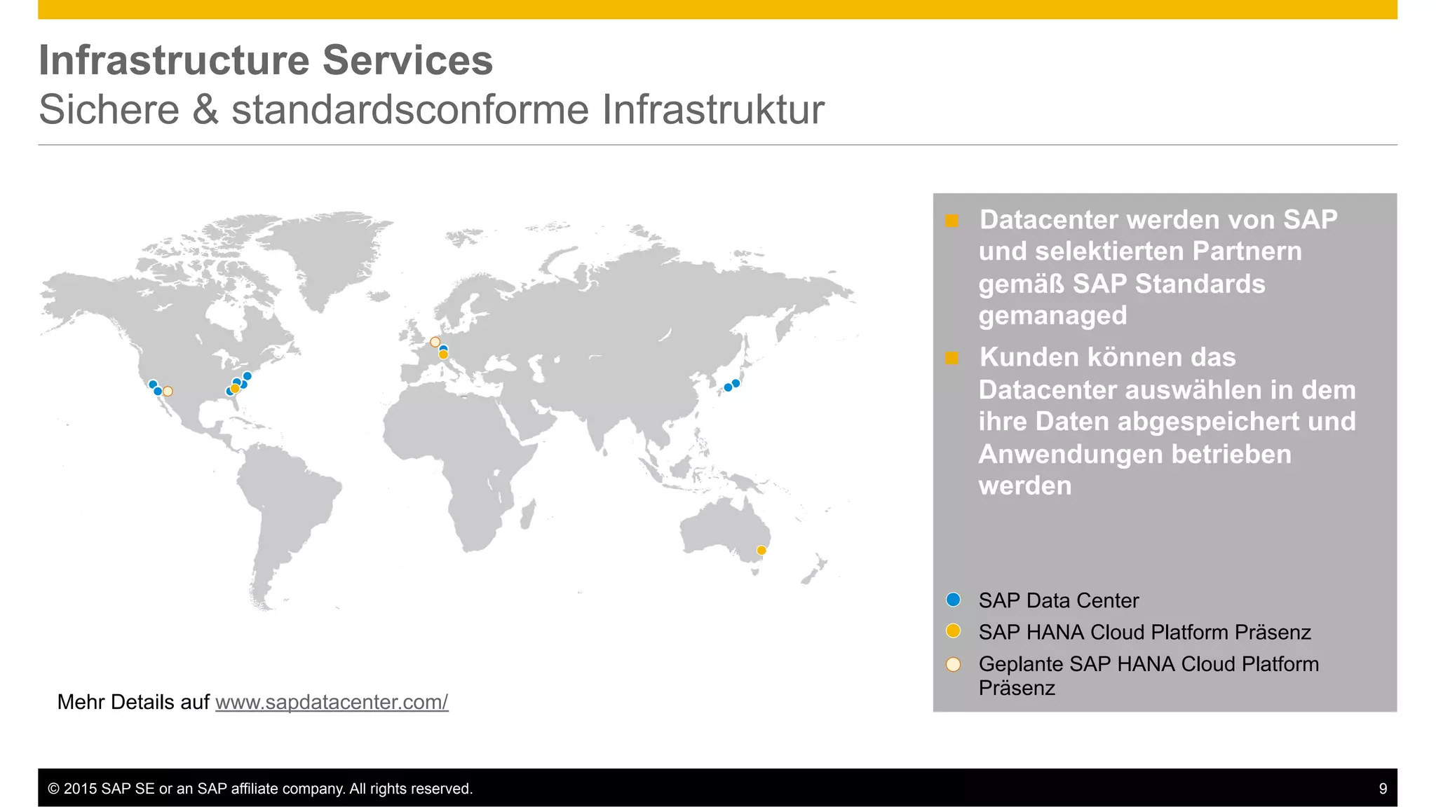 ©  2015 SAP SE or an SAP affiliate company. All rights reserved. 9
Infrastructure Services
Sichere & standardsconforme Infrastruktur
Mehr Details auf www.sapdatacenter.com/
!  Datacenter werden von SAP
und selektierten Partnern
gemäß SAP Standards
gemanaged
!  Kunden können das
Datacenter auswählen in dem
ihre Daten abgespeichert und
Anwendungen betrieben
werden
SAP HANA Cloud Platform Präsenz
SAP Data Center
Geplante SAP HANA Cloud Platform
Präsenz
 