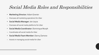 Social Media Roles and Responsibilities
• Marketing Director: Adam Grenier
– Oversees all marketing operations for Uber
• Social Media Manager: Jen Joyce
– Oversees all social media platforms for Uber
• Social MediaCoordinator: Dominique Murph
– Coordinates all social media for Uber
• Social MediaTeam Member: DannyZamora
– Assists in managing social media for Uber
 