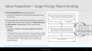 US 2013/0246207A1 (pending grant)
 System and Method for Dynamically Adjusting Prices
for Services
Pricing algorithm automatically detects situations
of high demand and low supply and hikes the price
in increments, depending on the scale of the
shortage.
 Algorithm results in increased supply and reduced
demand.
 “Through these two mechanisms, the company is able
to (a) increase supply, (b) assure reliability, a key tenet
of the company, and (c) maximize the number of
completed rides.” – Bill Gurley, Uber investor and
board member
UBER TECHNOLOGIES INC. 13
Source of image: Patent No: US 2013/0246207A1 by Uber Technologies Inc, System and Method for Dynamically Adjusting Prices for Services
E.g. prices to be changed if
utilization rate falls below 60% or
above 80%; or demand and
supply model that compares the
number of drivers to passengers.
Price adjusted relative to a fixed
price i.e. using a multiplier
Value Proposition – Surge Pricing: Patent Pending
 