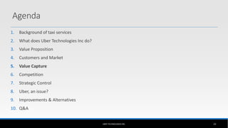 1. Background of taxi services
2. What does Uber Technologies Inc do?
3. Value Proposition
4. Customers and Market
5. Value Capture
6. Competition
7. Strategic Control
8. Uber, an issue?
9. Improvements & Alternatives
10. Q&A
UBER TECHNOLOGIES INC. 23
Agenda
 