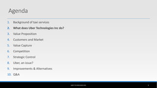 1. Background of taxi services
2. What does Uber Technologies Inc do?
3. Value Proposition
4. Customers and Market
5. Value Capture
6. Competition
7. Strategic Control
8. Uber, an issue?
9. Improvements & Alternatives
10. Q&A
UBER TECHNOLOGIES INC. 4
Agenda
 