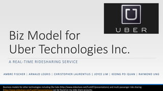 Biz Model for
Uber Technologies Inc.
A REAL-TIME RIDESHARING SERVICE
AMBRE FISCHER | ARNAUD LEGRIS | CHRISTOPHER LAURENTIUS | JOYCE LIM | KEONG PEI QUAN | RAYMOND UNG
Business models for other ride sharing companies such as Ola Cabs (http://www.slideshare.net/Funk97/presentations) and for different types of ride sharing such
as multi-passenger ride sharing (http://www.slideshare.net/Funk97/presentations) can be found on my slide share accounts.
 