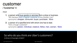 So who do you think are Uber’s customers?
UBER TECHNOLOGIES INC. 18
1) Drivers 2) Passengers 3) Both?
Source: Google Searc...