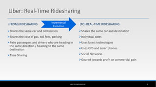 Uber: Real-Time Ridesharing
(FROM) RIDESHARING
Shares the same car and destination
Shares the cost of gas, toll fees, pa...