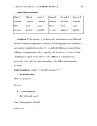 UBER TECHNOLOGIES, INC BUSINESS ANALYSIS 	
  
	
  
20	
  
Dividend Payout per Share.
Class A
Common
Stock
Class B
Common
Stock
Series A
Preferred
Stock
Series B
Preferred
Stock
Series C-1
Preferred
Stock
Series C-2
Preferred
Stock
$0.0290 $0.0290 $0.2337 $1.1343 $11.4032 $9.1225
Liquidation. If Uber voluntary or involuntary face a dissolution scenario, holders of
Preferred Stocks have the priority and preference in claiming any proceeds for the sale of
assets or other liquidation transactions. The residual is divided among Common Stocks
holders according to number of shares owned by each shareholder (Privco.com, 2014).
Further details regard investor relations such as: Mechanics of Payment, stock
conversion, voting rights and more, are provided in Uber’s Delware incorporation
document.
Seeding rounds and suppliers of funds. (Privco.com, 2014)
1) First Seeding round
Date: 1st
August 2009
Investors:
• Garret Camp (Angel)
• Travis Kalanick (Angel)
Total Funding Amount: $200,000
Series: Seed
 