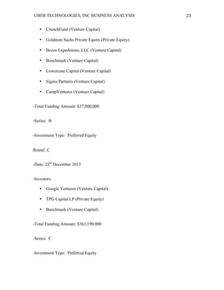 UBER TECHNOLOGIES, INC BUSINESS ANALYSIS 	
  
	
  
23	
  
• CrunchFund (Venture Capital)
• Goldman Sachs Private Equity (Private Equity)
• Bezos Expeditions, LLC (Venture Capital)
• Benchmark (Venture Capital)
• Lowercase Capital (Venture Capital)
• Sigma Partners (Venture Capital)
• CampVentures (Venture Capital)
-Total Funding Amount: $37,000,000
-Series: B
-Investment Type: Preferred Equity
Round: C
-Date: 23rd
December 2013
-Investors:
• Google Ventures (Venture Capital)
• TPG Capital LP (Private Equity)
• Benchmark (Venture Capital)
-Total Funding Amount: $361,190,000
-Series: C
-Investment Type: Preferred Equity
 