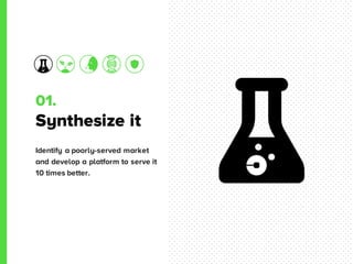 01.
Synthesize it
Identify a poorly-served market
and develop a platform to serve it
10 times better.
 