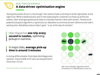 22
Uber dispatches one trip every
second in London, optimizing
pickups in real time.
Having thousands of cars is not enough. You need to make sure they’re at the right place, at the
right time. While traditional taxis wait in line expecting for customers to show up at the taxi
station, Uber leverages geolocation data to instantly matches riders with drivers. Thanks to its
powerful dispatch algorithm, it optimizes car allocation to minimize drivers’ idle time and rider’s
waiting time. Reliability is key to Uber’s goal: ”a car at the tap of a button”.
Uber tests its dispatch algorithms with AI
simulations on a 100x100 blocks virtual city.
A strong differentiation from data-blind legacy taxi
systems. Close to 60% of SF taxis are dispatched in
more than 10 min.
In major cities, average pick-up
time is around 3 minutes
Sources: The Guardian, Travis Kalanick, Forbes
REAL-TIME ENTERPRISE
A data-driven optimization engine
 