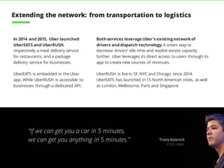 48
In 2014 and 2015, Uber launched
UberEATS and UberRUSH,
respectively a meal delivery service
for restaurants, and a package
delivery service for businesses.
UberEATS is embedded in the Uber
app. While UberRUSH is accessible to
businesses through a dedicated API.
Both services leverage Uber’s existingnetworkof
drivers and dispatch technology.A smart way to
decrease drivers’ idle time and exploit excess capacity
further. Uber leverages its direct access to users through its
app to create new sources of revenues.
UberRUSH is live in SF, NYC and Chicago since 2014.
UberEATS has launched in 15 North American cities, as well
as London, Melbourne, Paris and Singapore.
“If we can get you a car in 5 minutes,
we can get you anything in 5 minutes.” Travis Kalanick
CEO, Uber
Extending the network: from transportation to logistics
 